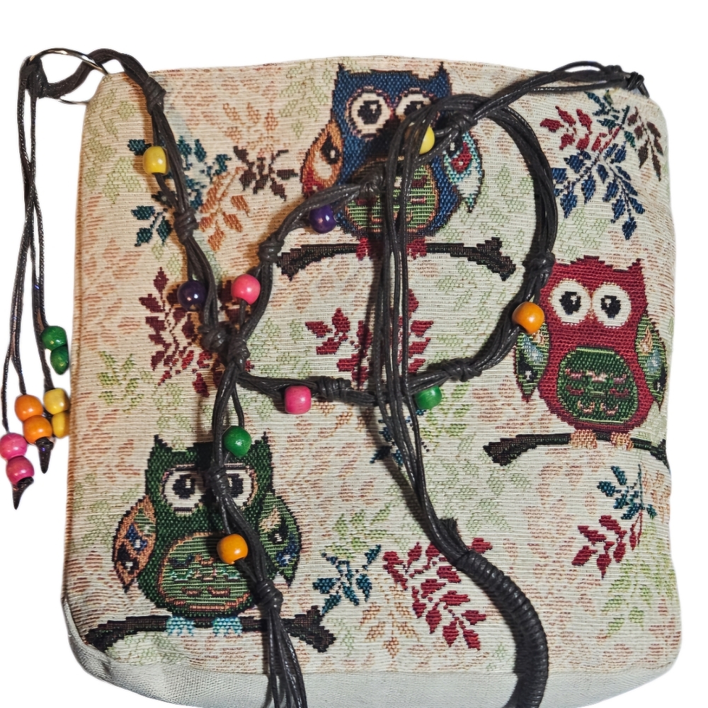 Vintage Handmade Folk Art Owl Handbag  Hippi Canvas Crossbody Beaded